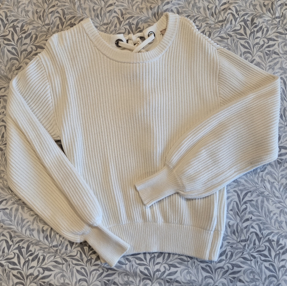 Philosophy | White Cotton Sweater with Ribbon Lace Up Back & Balloon Sleeves | M